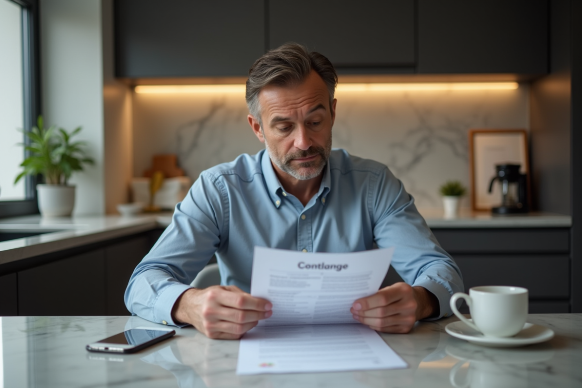 Homme d'âge moyen examine un relevé hypothécaire dans une cuisine moderne