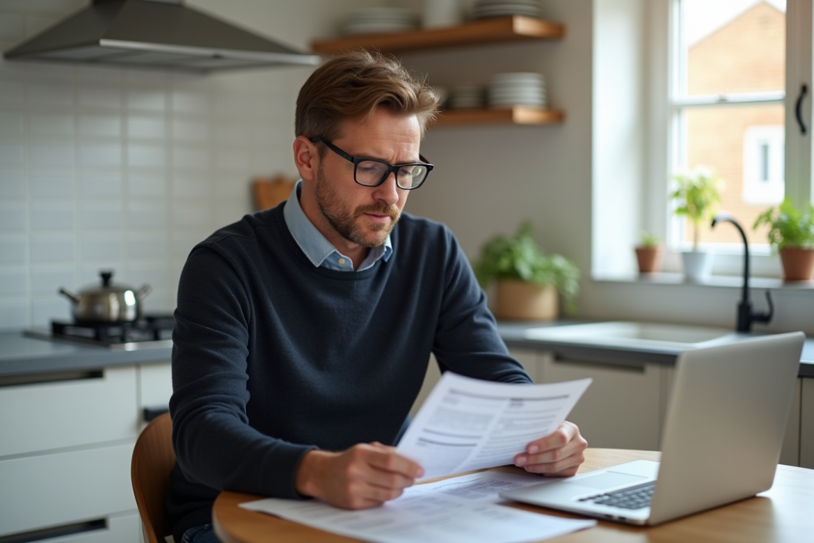 Homme d'âge moyen examinant des documents fiscaux à la maison
