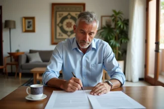 Homme d'âge moyen examine documents dans un appartement à Marrakech