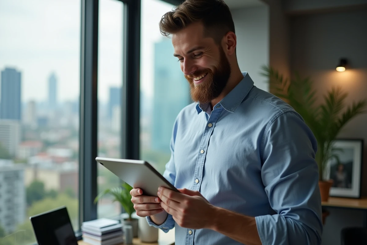 Homme avec tablette analysant la valeur d un bien immobilier