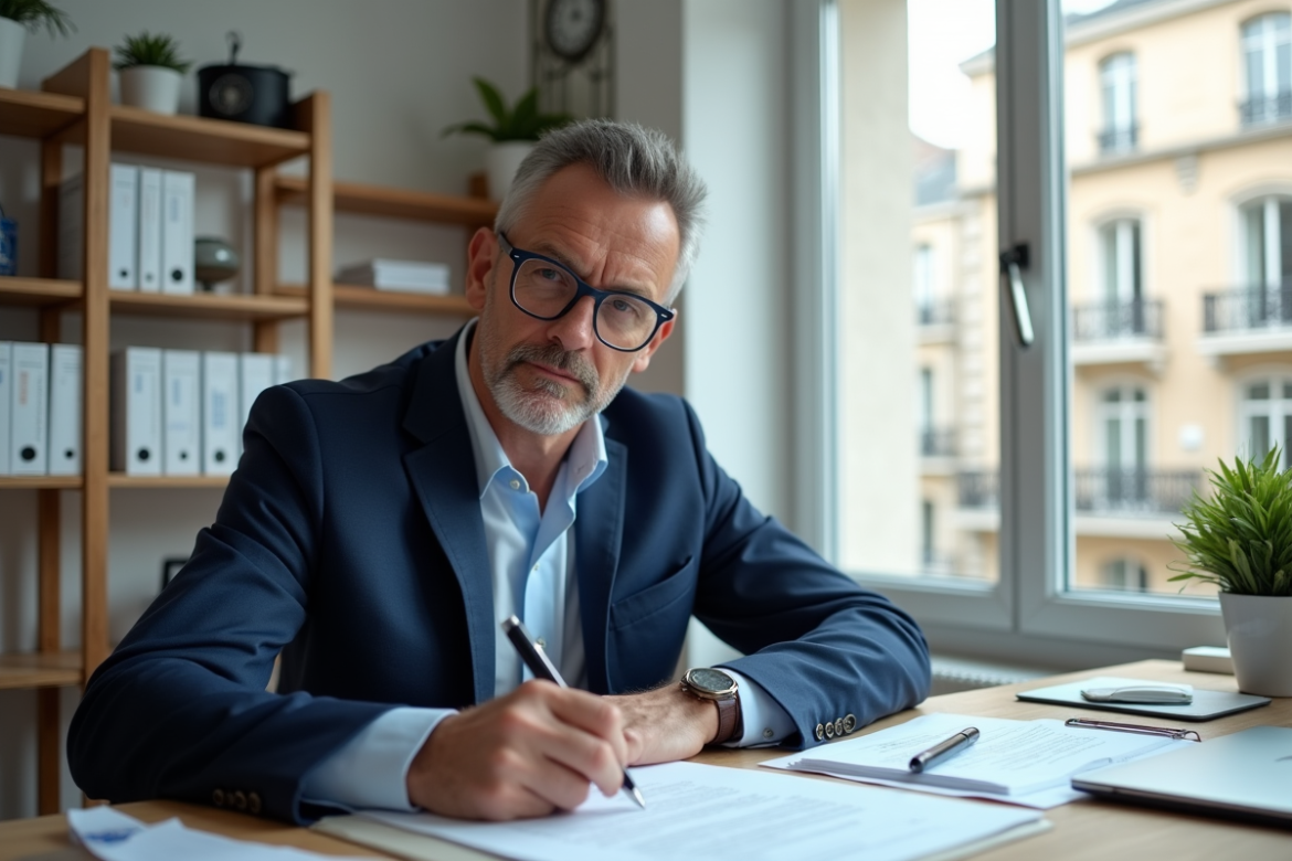 Homme d'âge moyen en costume bleu lisant des documents