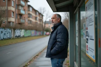 Homme d'âge moyen à l'arrêt de bus à NoisyleGrand