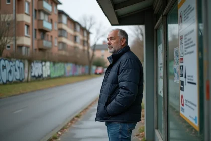 Homme d'âge moyen à l'arrêt de bus à NoisyleGrand