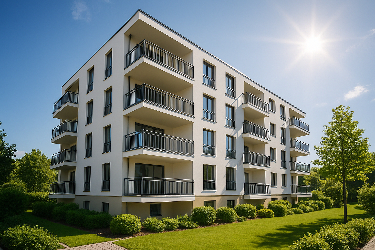 Bâtiment résidentiel neuf sous ciel bleu avec verdure et balcons