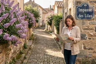 Panneau de rue Impasse des Lilas dans un village français avec une femme consultant une carte papier