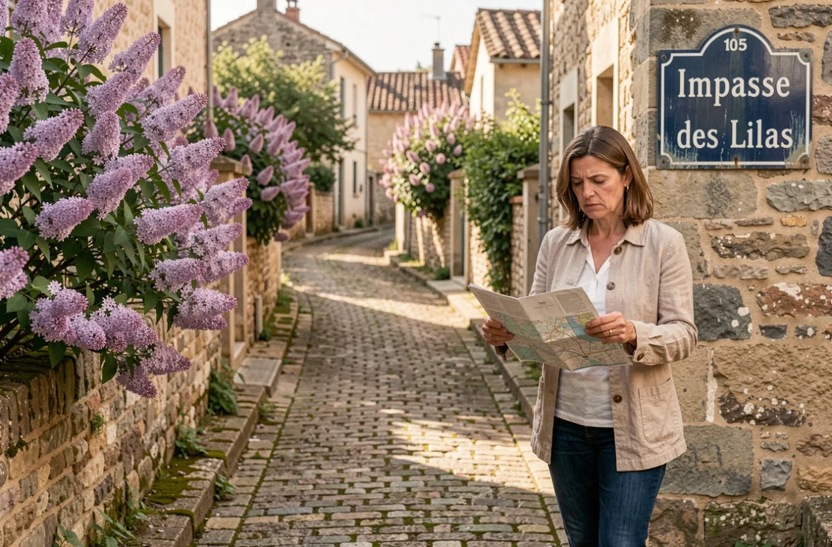 Panneau de rue Impasse des Lilas dans un village français avec une femme consultant une carte papier