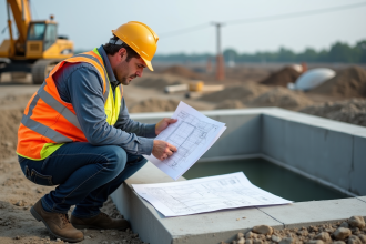 Ingénieur en construction examinant des plans sur un site