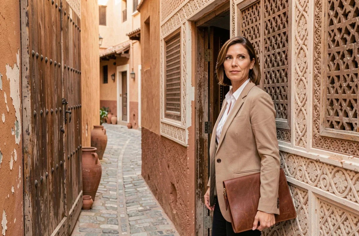Professionnelle de l'immobilier inspectant la façade sculptée d'un riad en vente dans la médina de Marrakech