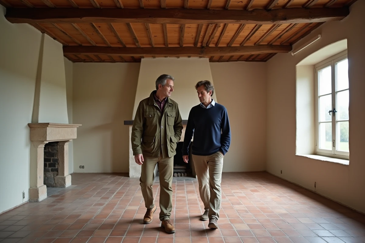Couple inspectant l'intérieur d'une maison à louer dans le 43 avec poutres et tomettes