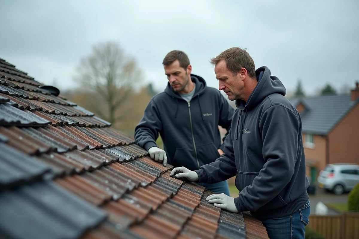 Deux hommes examinent des tuiles endommagées sur un toit résidentiel