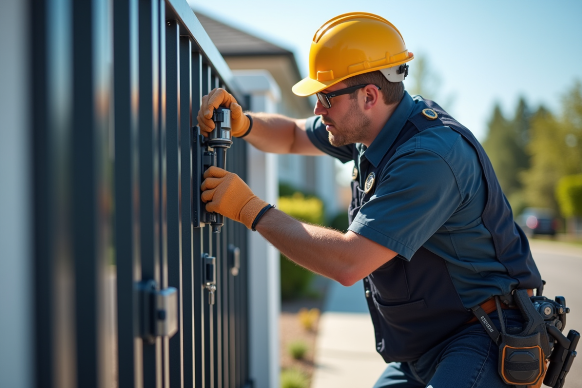 Technicien professionnel installant un portail automatique en journée
