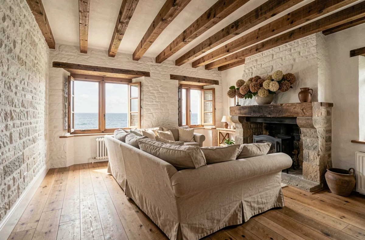 Intérieur rénové d'une maison normande bord de mer avec poutres apparentes et vue sur la Manche