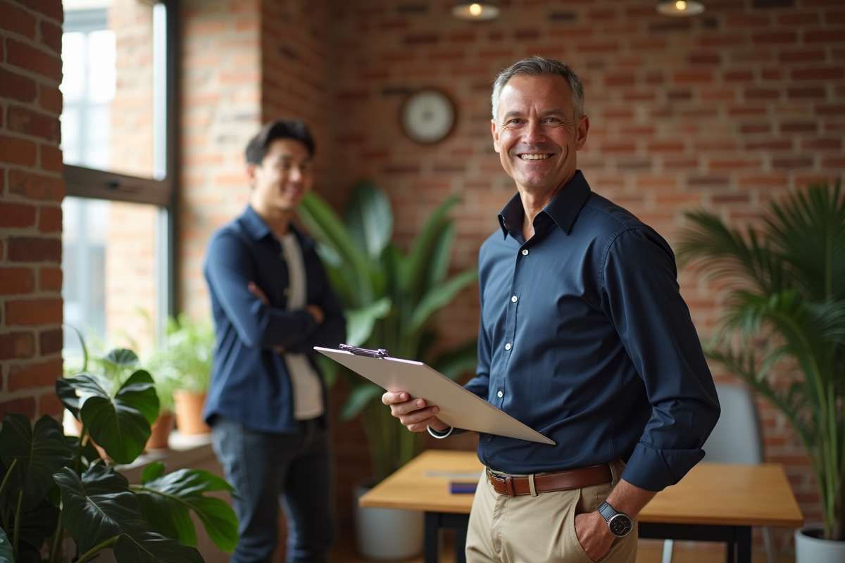 Homme discutant avec un locataire dans un appartement bien decoré