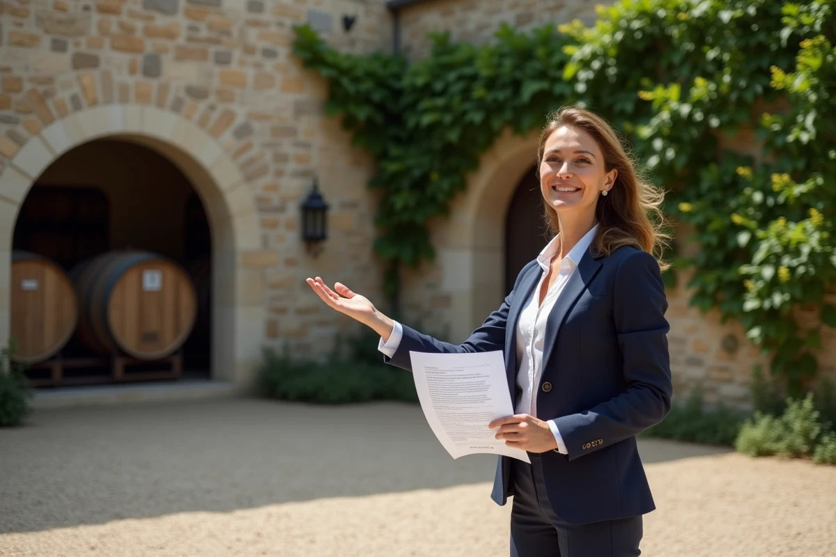Investisseure immobilière évaluant un domaine viticole à vendre à Bordeaux devant une cave en pierre du XVIIIe siècle