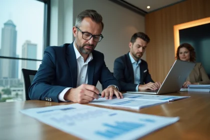 Investisseur immobilier analysant des documents de revenu foncier dans un bureau professionnel moderne
