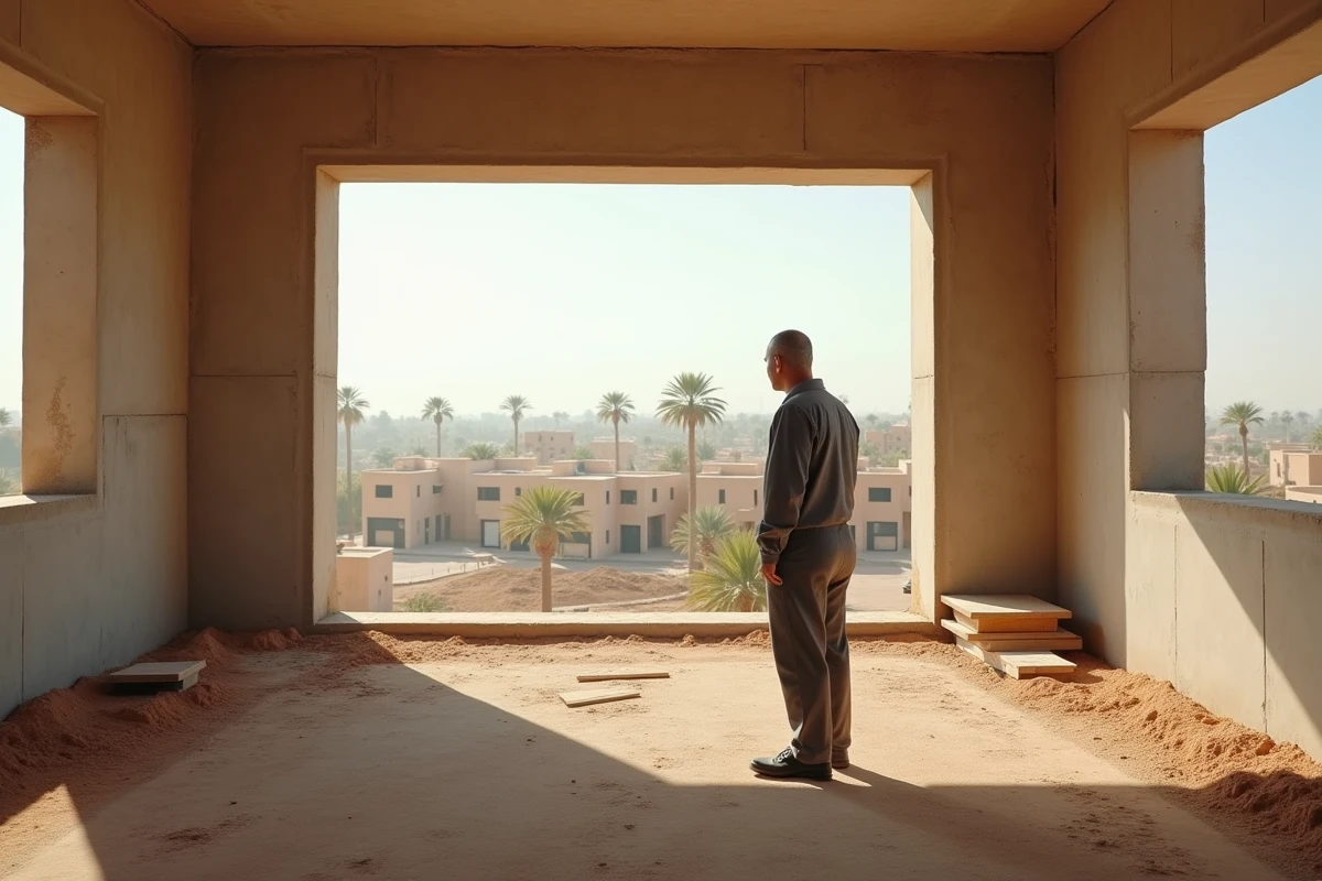 Investisseur immobilier dans un appartement en construction en périphérie de Marrakech avec vue sur le quartier résidentiel