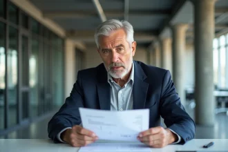 Un investisseur immobilier examine des documents liés à Orpi Invest Immo avec une expression dubitative dans une agence moderne