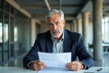 Un investisseur immobilier examine des documents liés à Orpi Invest Immo avec une expression dubitative dans une agence moderne