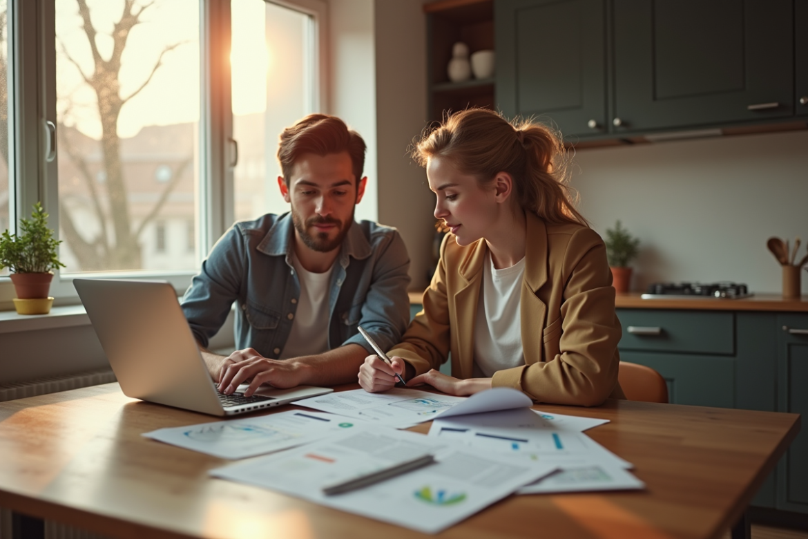 Jeune couple discutant de documents de logement dans un appartement moderne