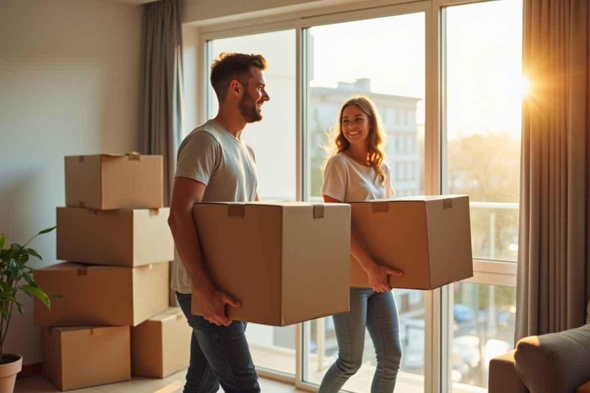 Jeune couple heureux déchargeant des cartons dans un appartement lumineux