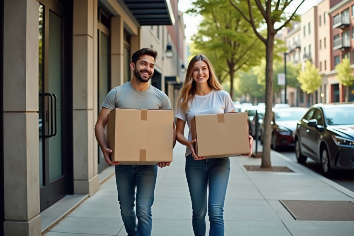 Jeune couple souriant sortant de leur appartement avec des cartons