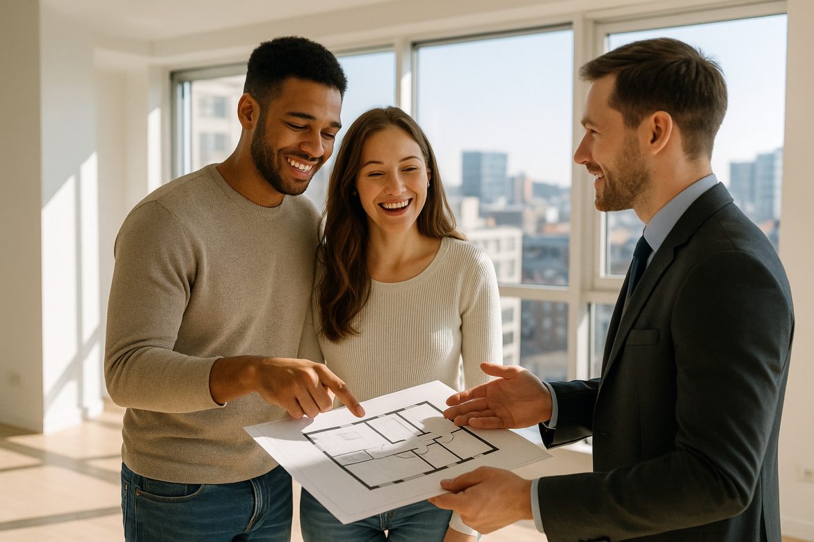 Jeune couple souriant discutant plans dans un appartement moderne