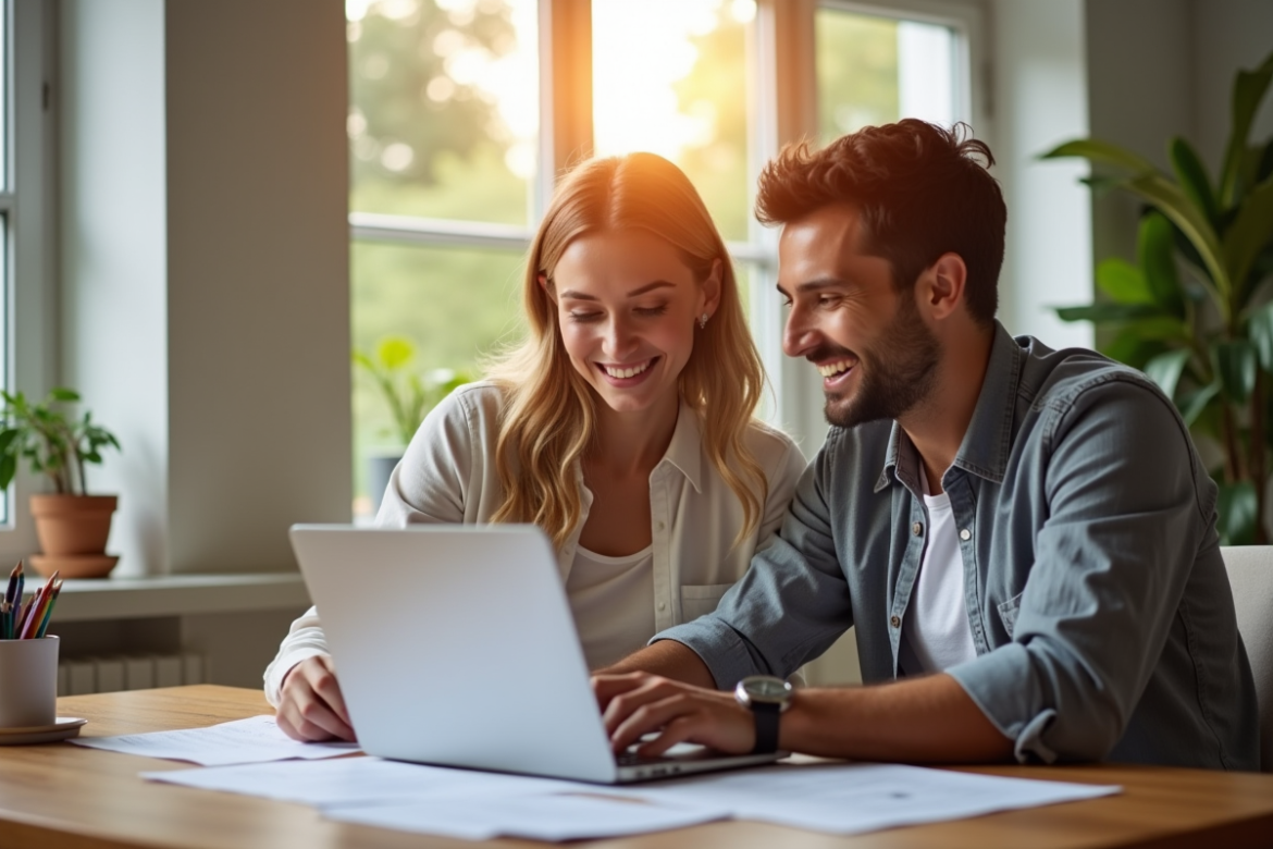 Jeune couple souriant à la maison pour un prêt immobilier