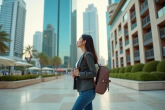 Jeune femme regardant la tour Almas à Dubai