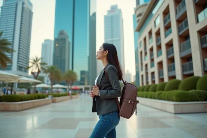 Jeune femme regardant la tour Almas à Dubai