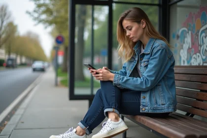 Jeune femme assise au bus à ChampssurMarne vérifiant son téléphone