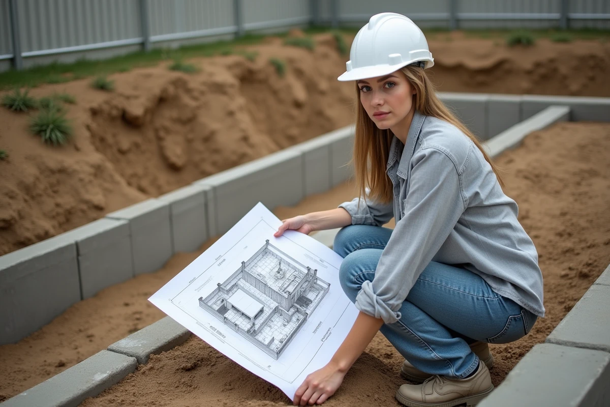Jeune femme sur un chantier tenant un plan de construction