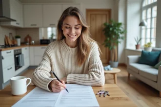 Jeune femme examinant un contrat de location dans un appartement lumineux