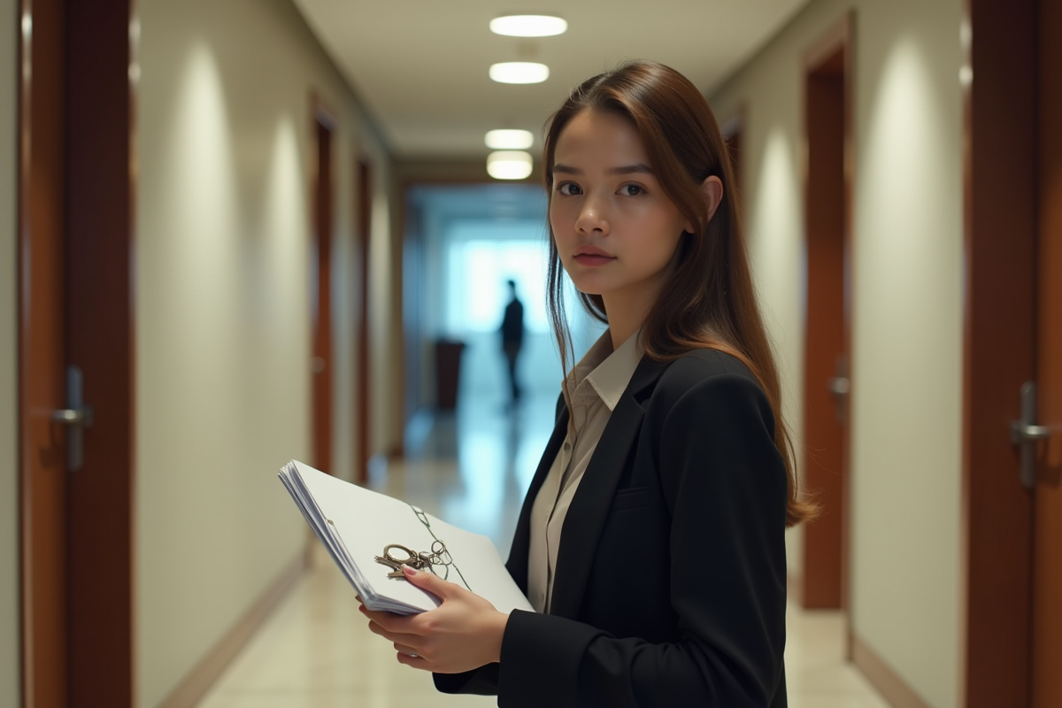 Jeune femme tenant des lettres et clés devant sa porte d