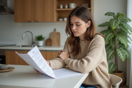 Jeune femme lisant des documents de location dans un appartement lumineux
