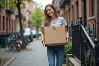 Jeune femme souriante portant cartons dans une rue urbaine