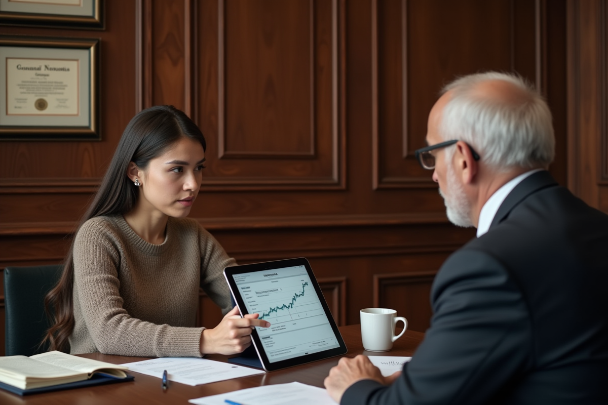 Jeune femme et notaire discutant autour d