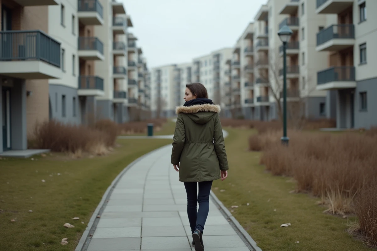 Jeune femme marchant dans un quartier résidentiel de NoisyleGrand