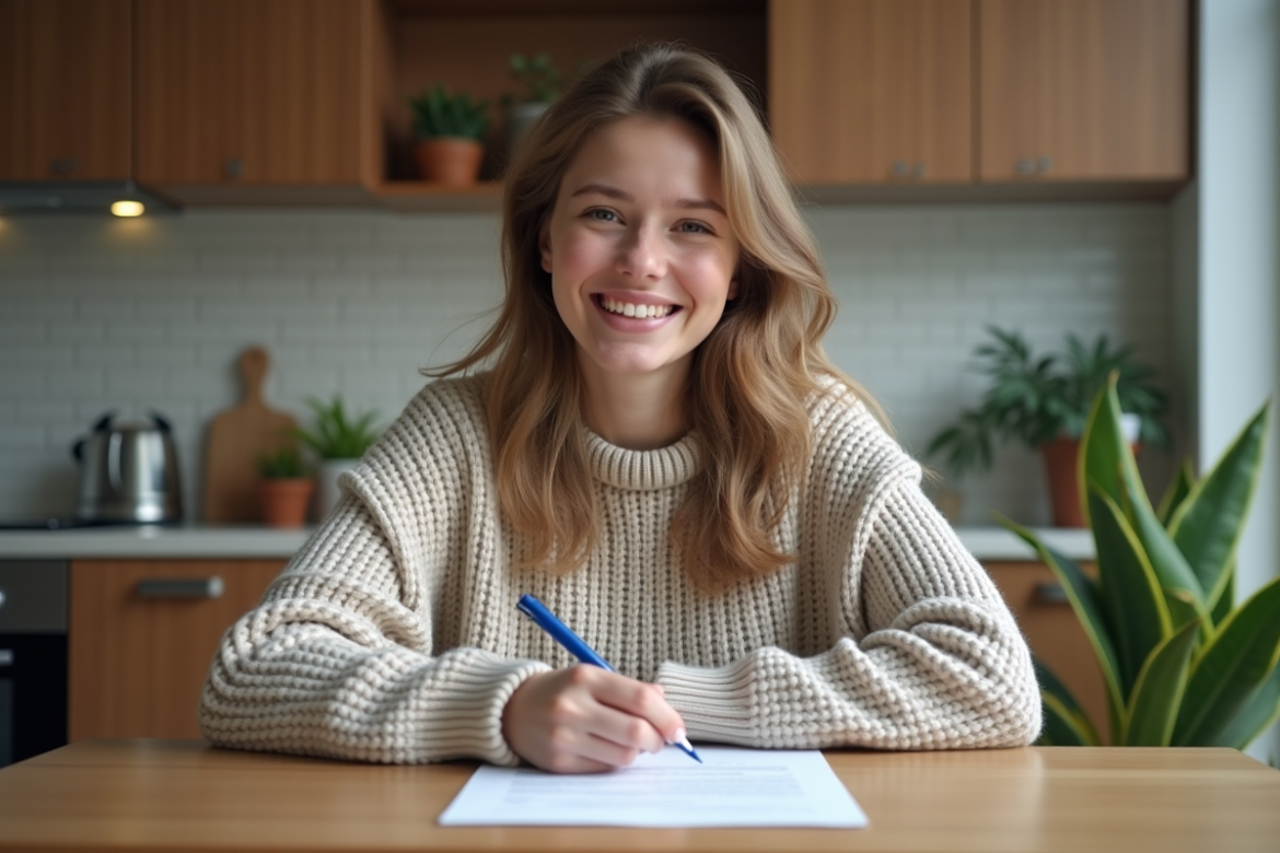 Jeune femme signant un contrat de location dans un appartement moderne