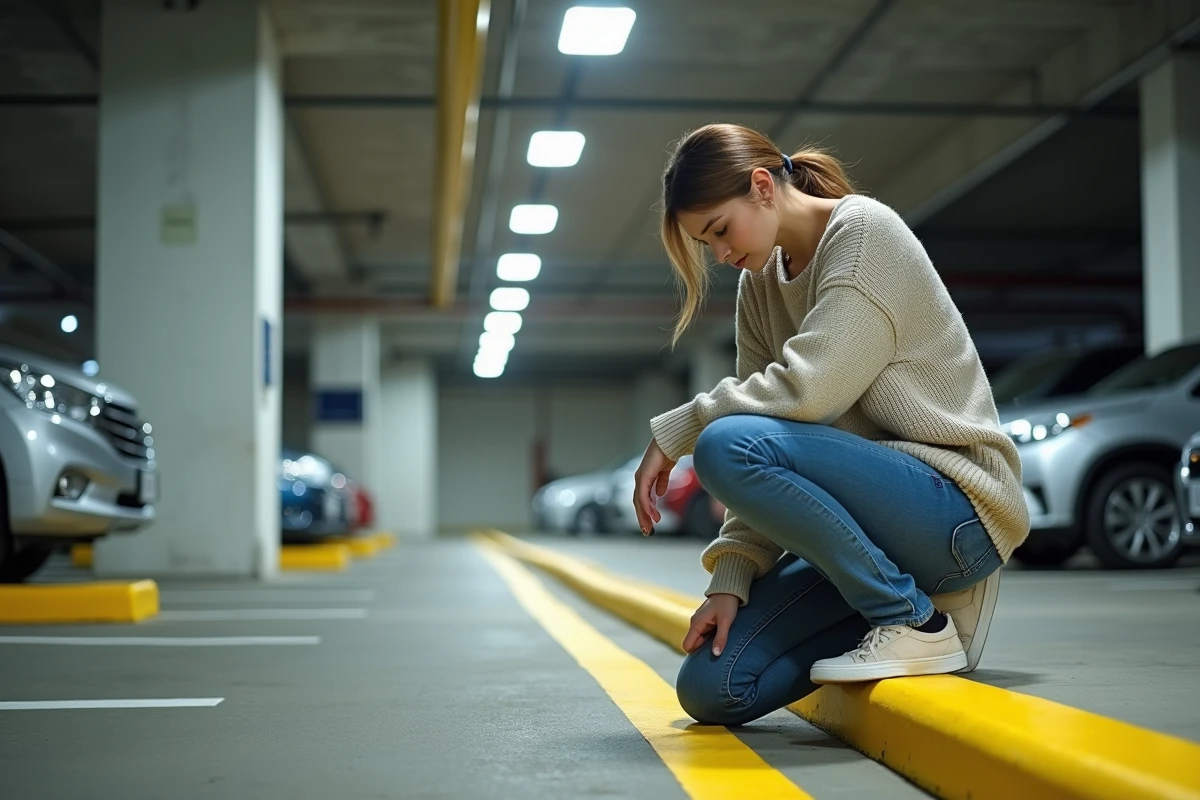 Jeune femme inspectant une ligne de parking en sous-sol