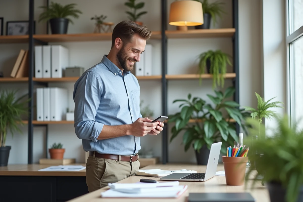 Jeune homme détendu utilisant son smartphone dans un bureau lumineux