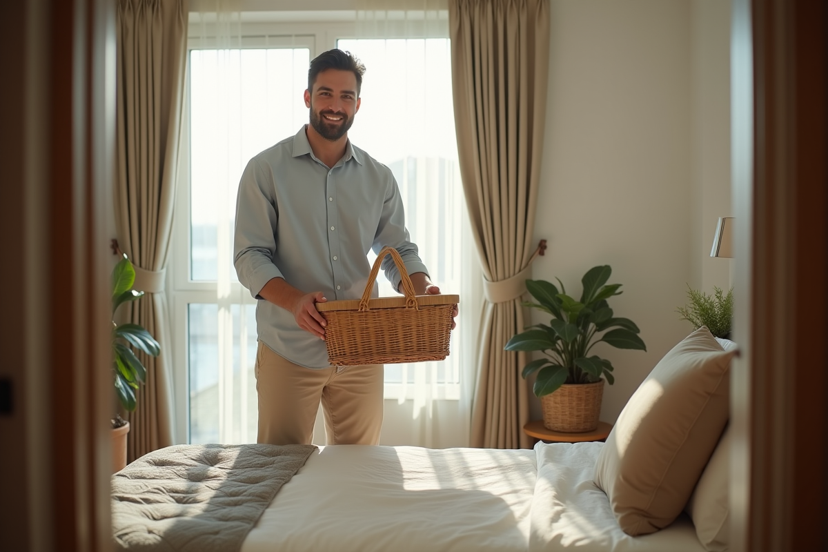 Jeune homme déposant un panier de bienvenue dans une chambre lumineuse