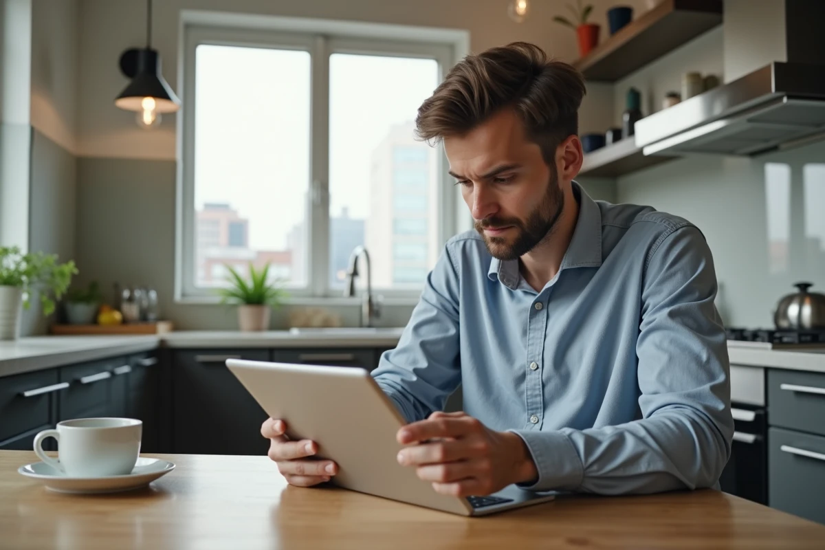 Jeune homme utilise une tablette pour simuler des frais de notaire