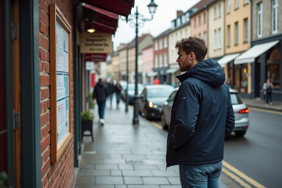 Jeune homme regardant une affiche sur un mur à Conflans