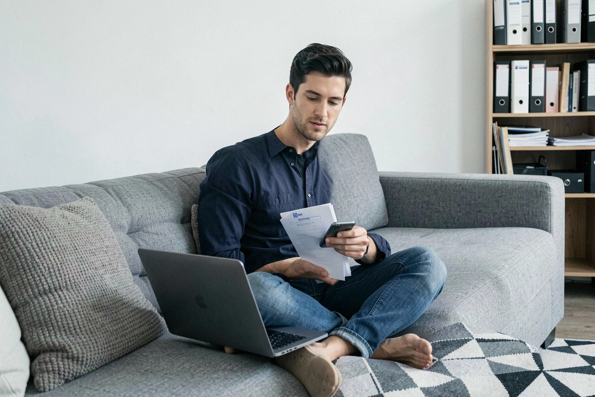 Jeune homme locataire préparant son dossier de location sur ordinateur portable dans un studio moderne