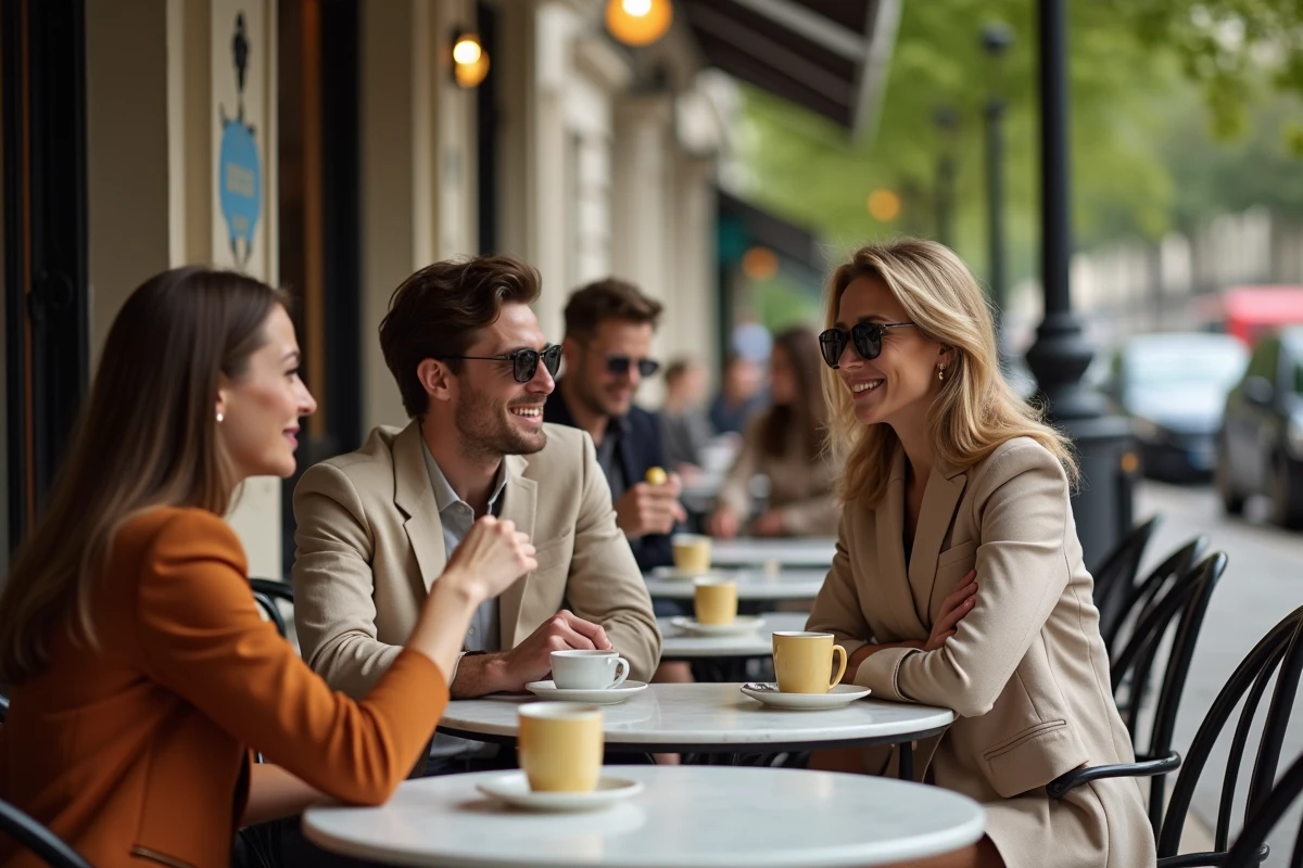 Jeunes parisiens en terrasse de cafe chic dans le 8e arrondissement