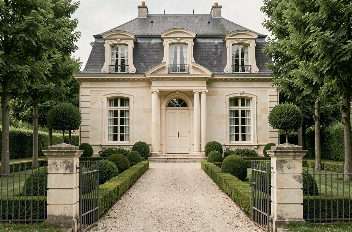 Maison élégante de style français avec toit Mansard et jardin formel construite par Le Pavillon Français dans les Yvelines