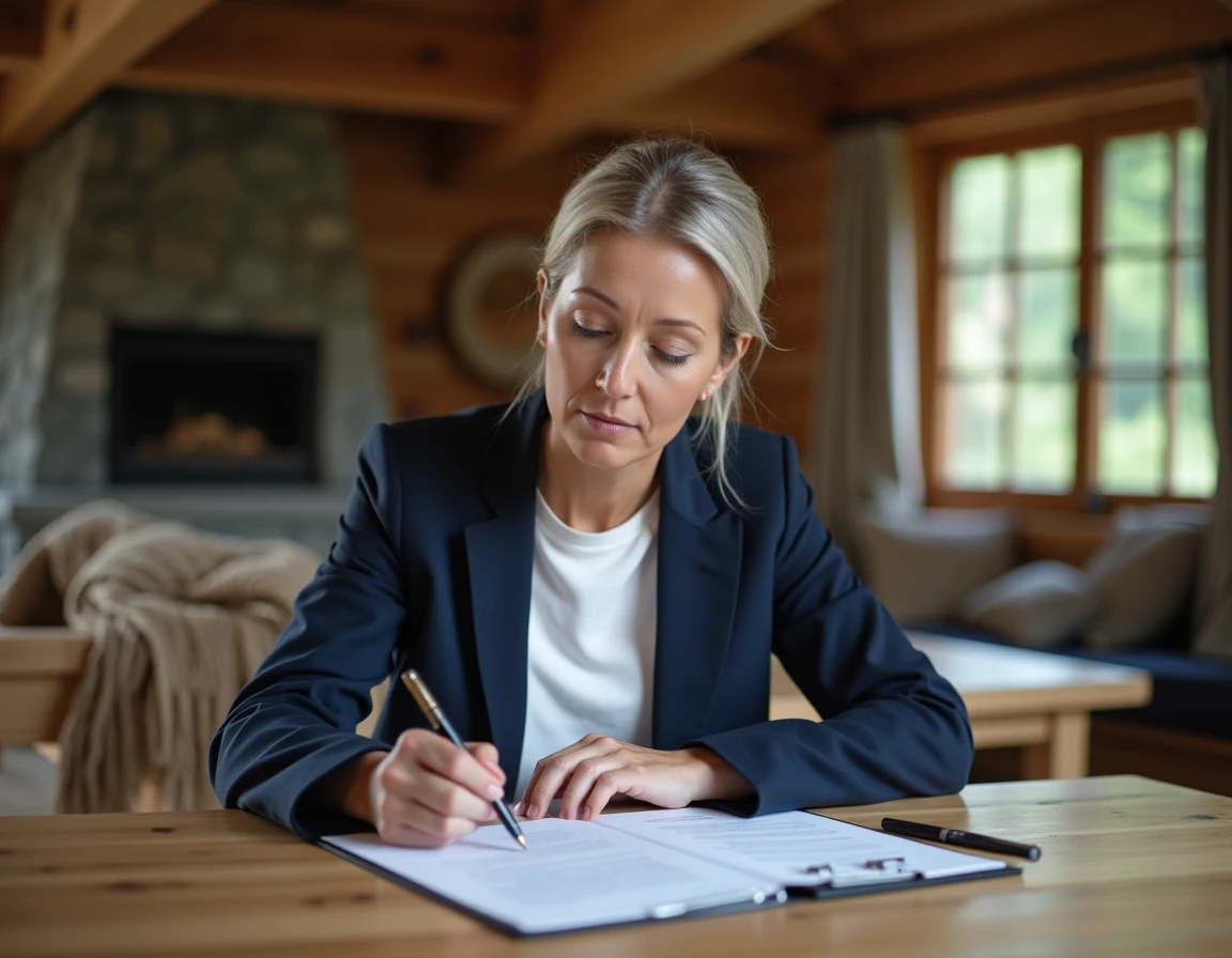 Femme lisant attentivement un contrat de vente d'un chalet en PRL, assise à l'intérieur d'un chalet en bois avec poutres apparentes
