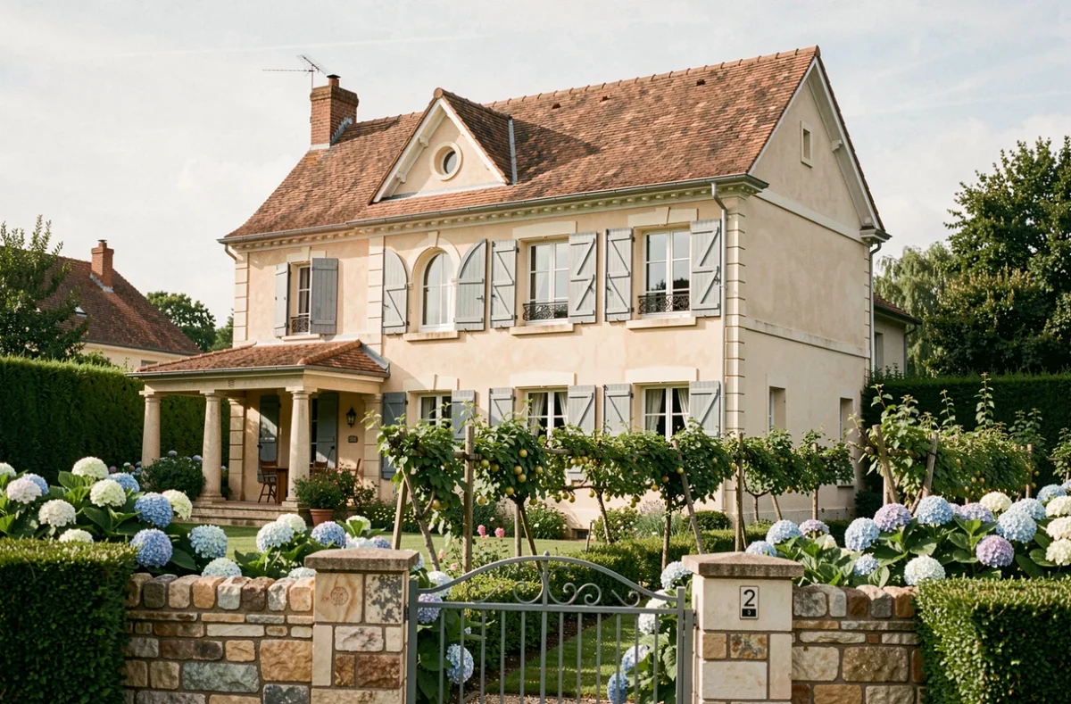 Maison individuelle de caractère avec terrasse à colonnes et volets bleus construite par Les Maisons Clairval dans les Yvelines