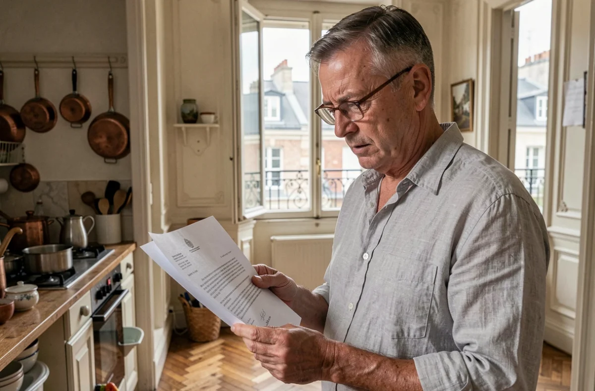 Locataire lisant un courrier de congé avec délai de préavis dans un appartement parisien, en référence aux dispositions de l'article 15 de la loi du 6 juillet 1989