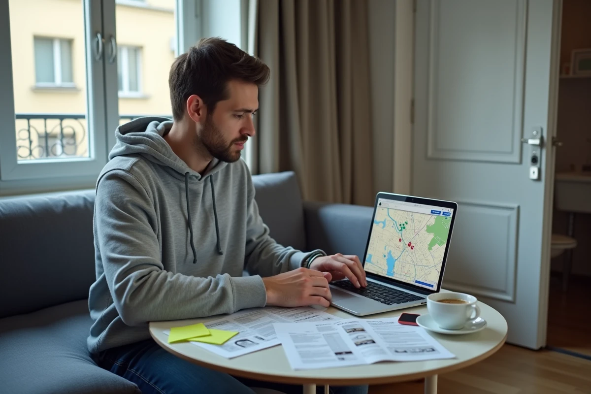 Jeune locataire recherchant un studio à louer en Île-de-France, comparant des annonces immobilières sur une table avec ordinateur et documents